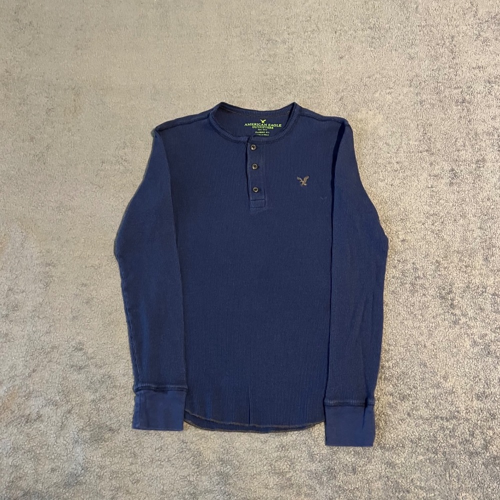 Y2K American Eagle Outfitters Mens XS Blue Waffle Thermal Henley Long Sleeve